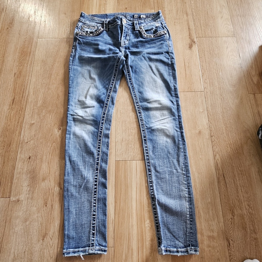 Miss Me Jeans 28 Blue Signature Skinny Low Rise Distressed Rhinestone